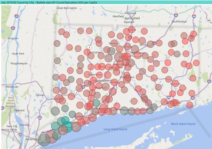 Visualization of number of EVs and EVs per capita by city in CT, EV Club of CT