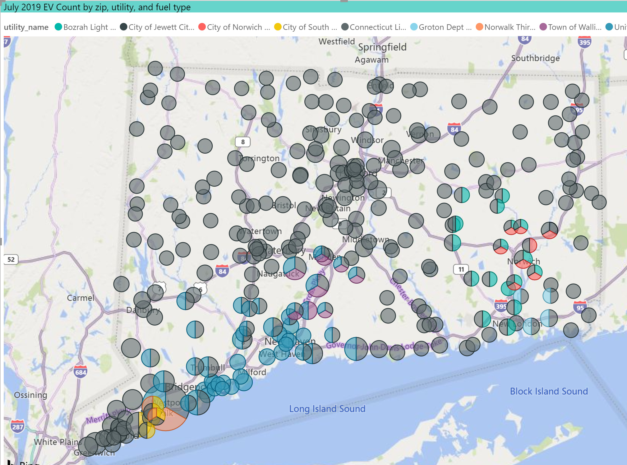 Map of EVs by Zip Code by Utility Service Area EV Club of CT