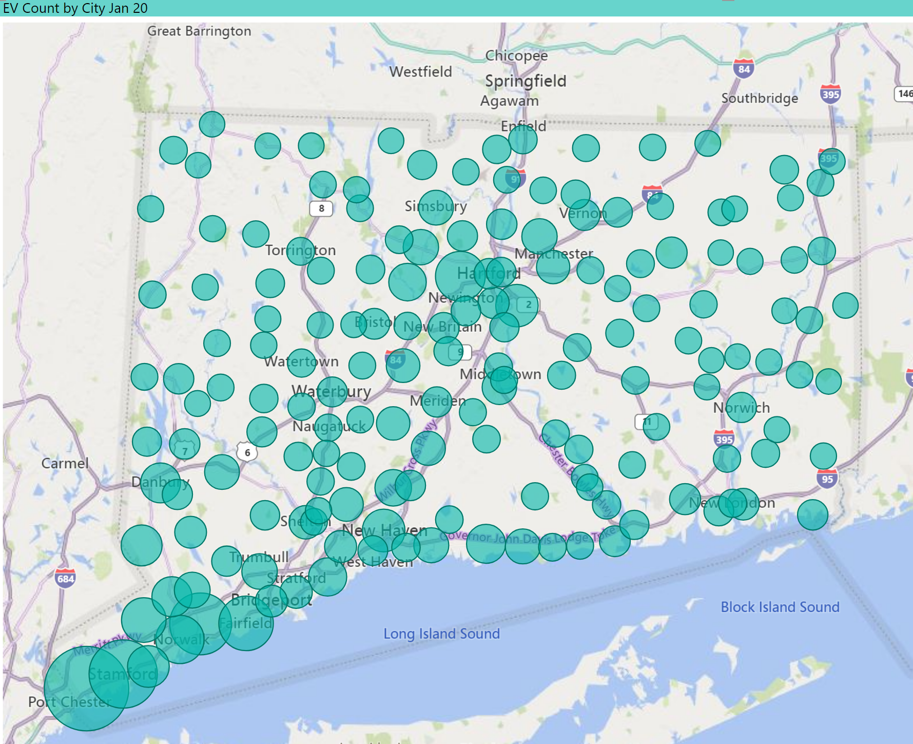 Map of EVs by City in CT, Jan 2020