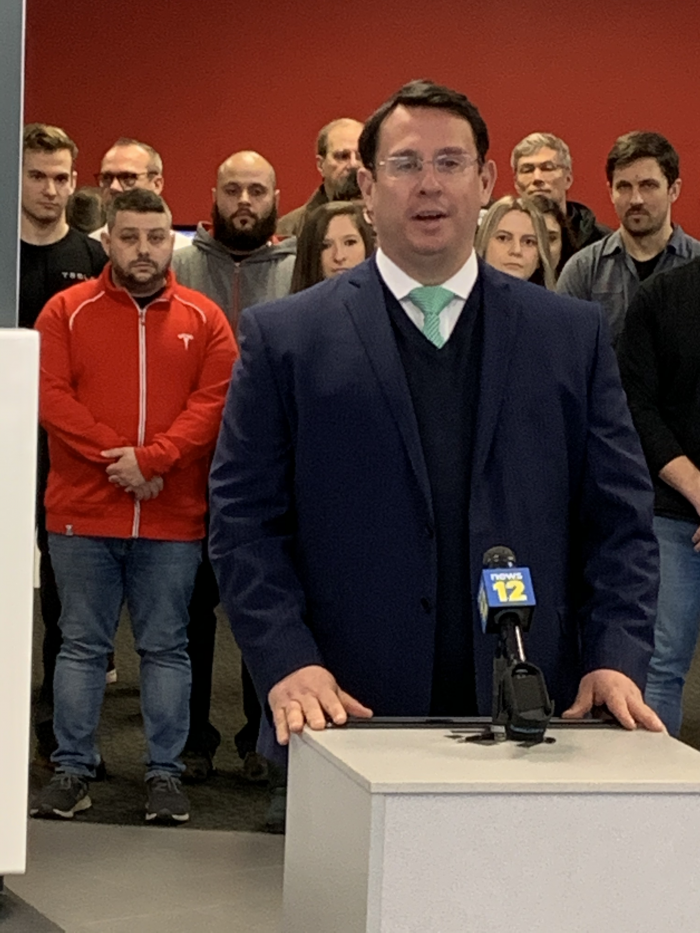 Mayor Ben Blake at Grand Opening of Tesla Leasing Operations in Milford