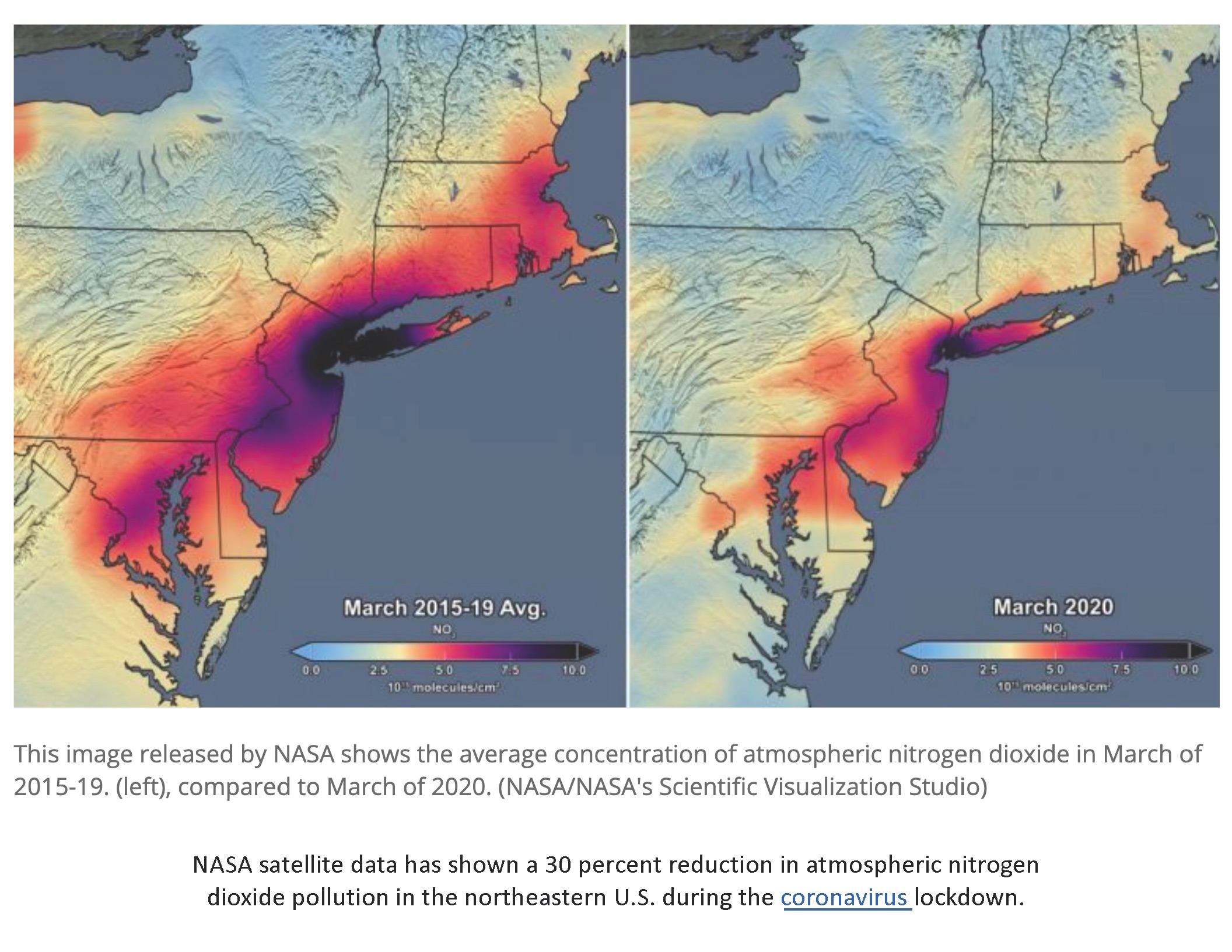 NASA air quality images for northeastern US pre and post coronavirus