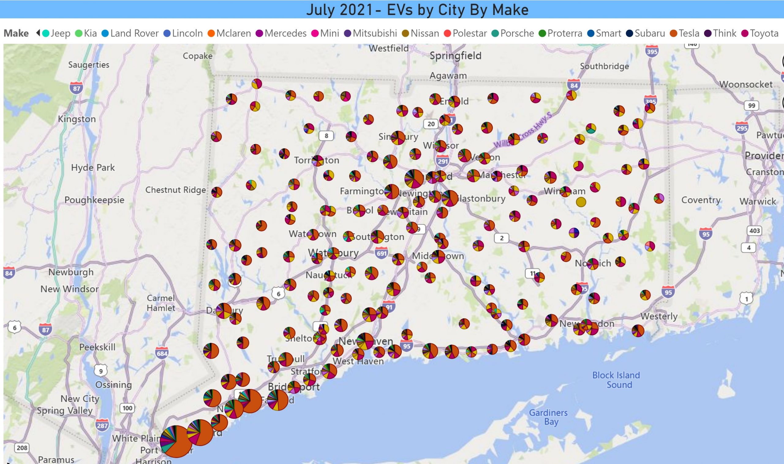 Map of EVs by City by Make July '21