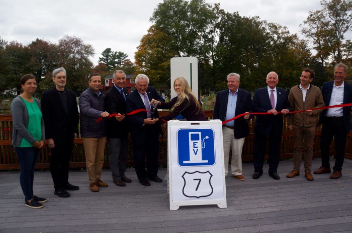 Barry Kresch from EV Club of CT and other speakers at ribbon cutting for Route 7 EV Corridor designation