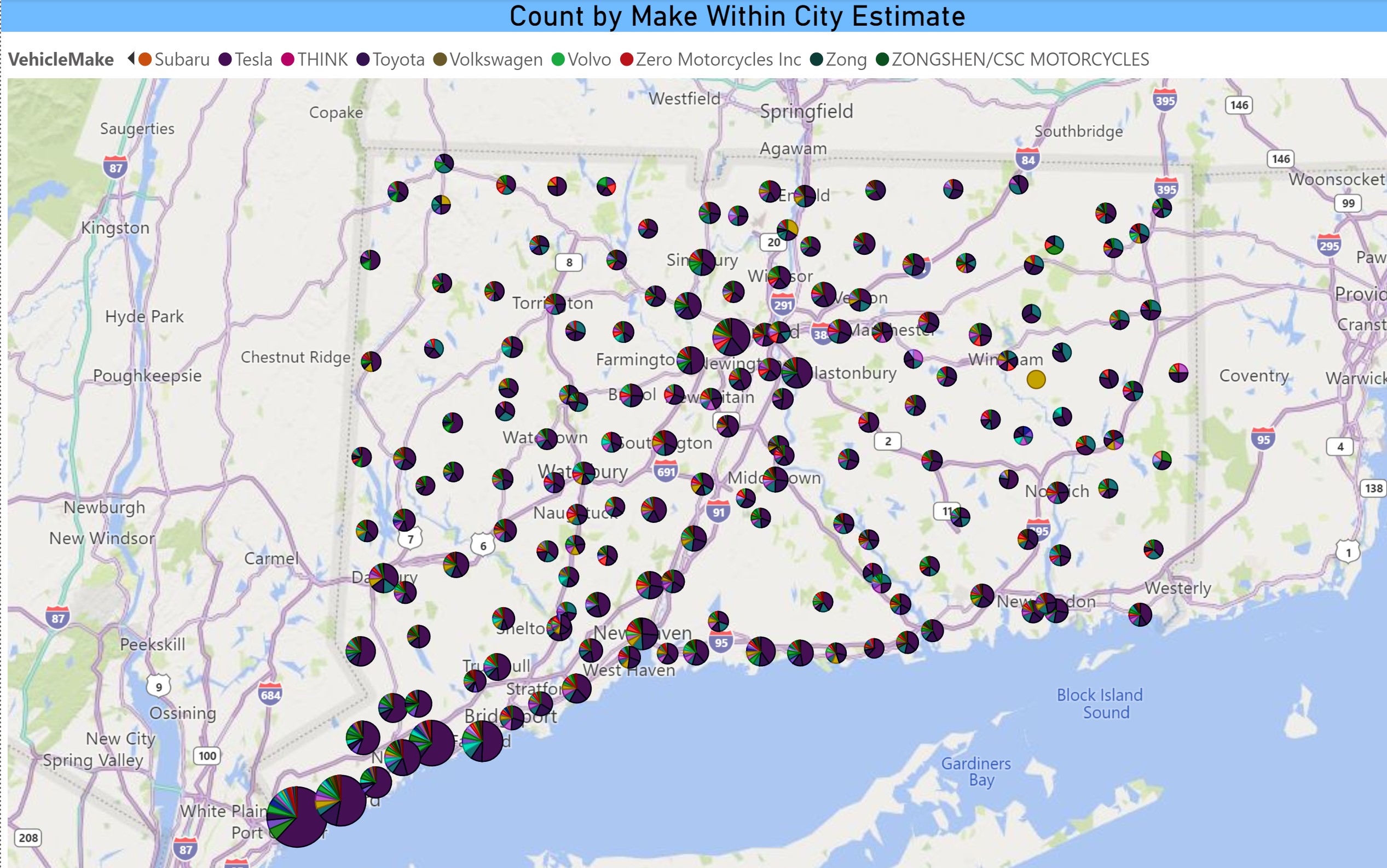 Map of Estimated Count of EV Make by City in CT 1-22