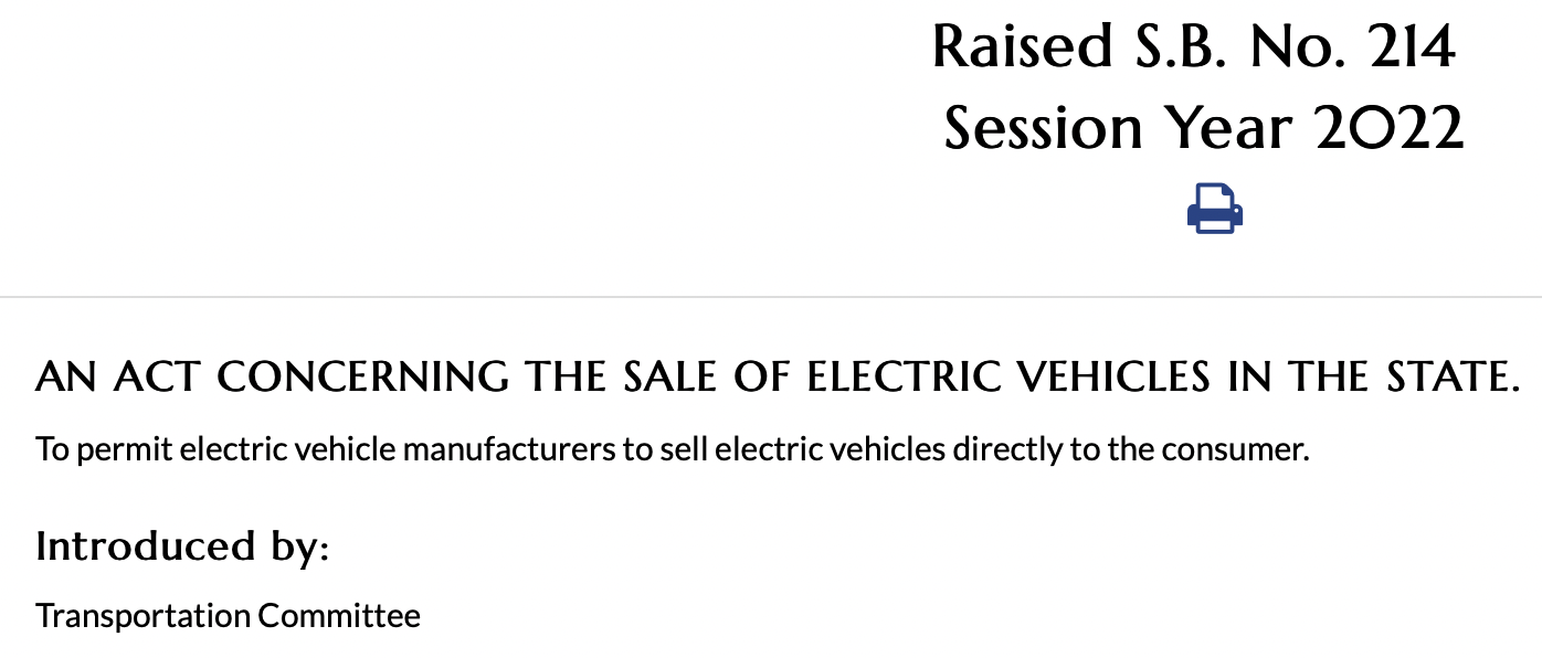 SB 214 An Act Concerning the Sale of Electric Vehicles in CT