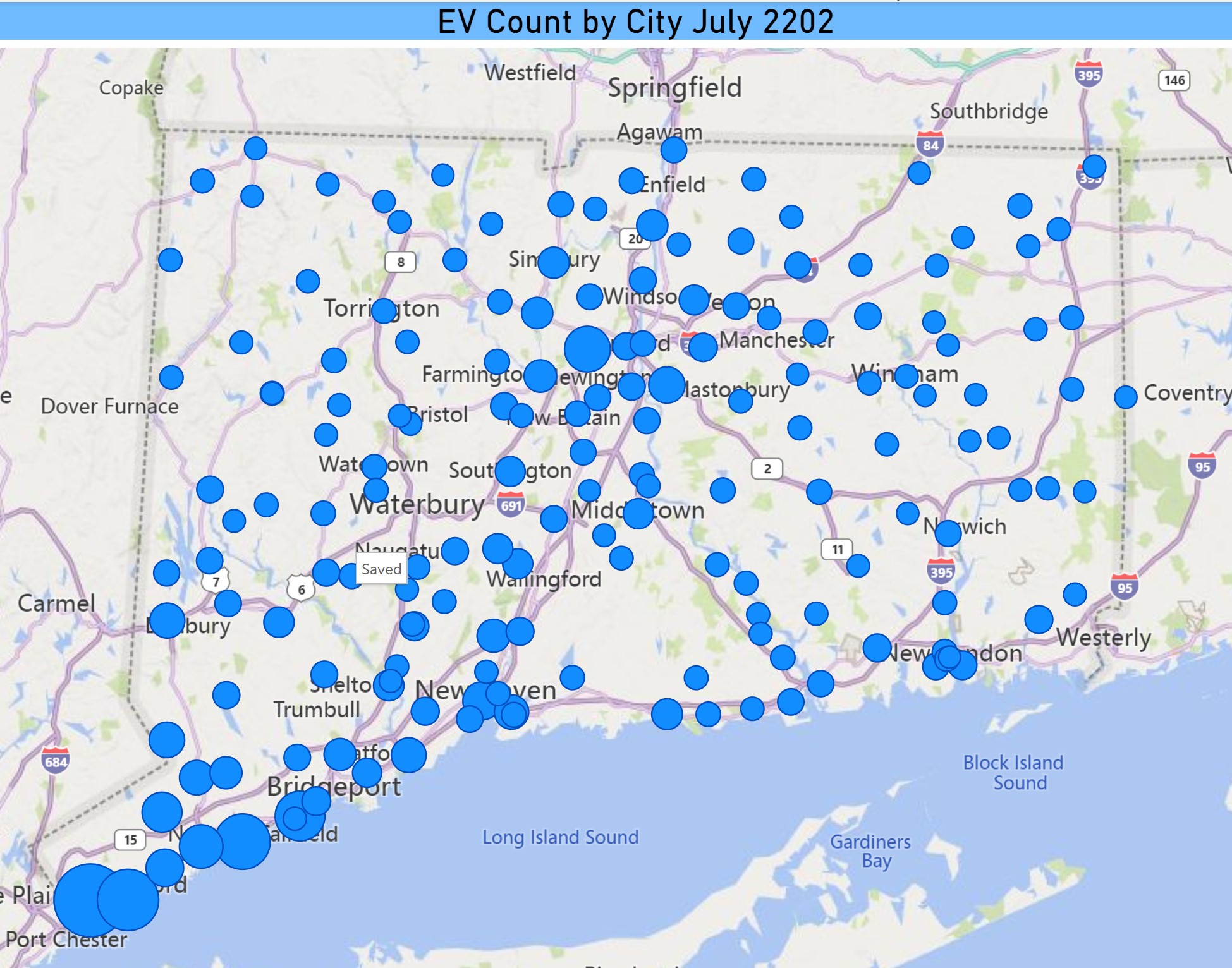 Map of EV Count by City July 2022