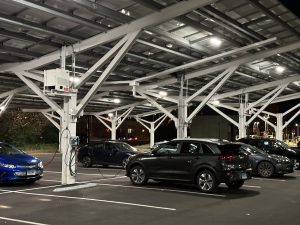 Level 2 charging under solar canopy at Hotel Marcel