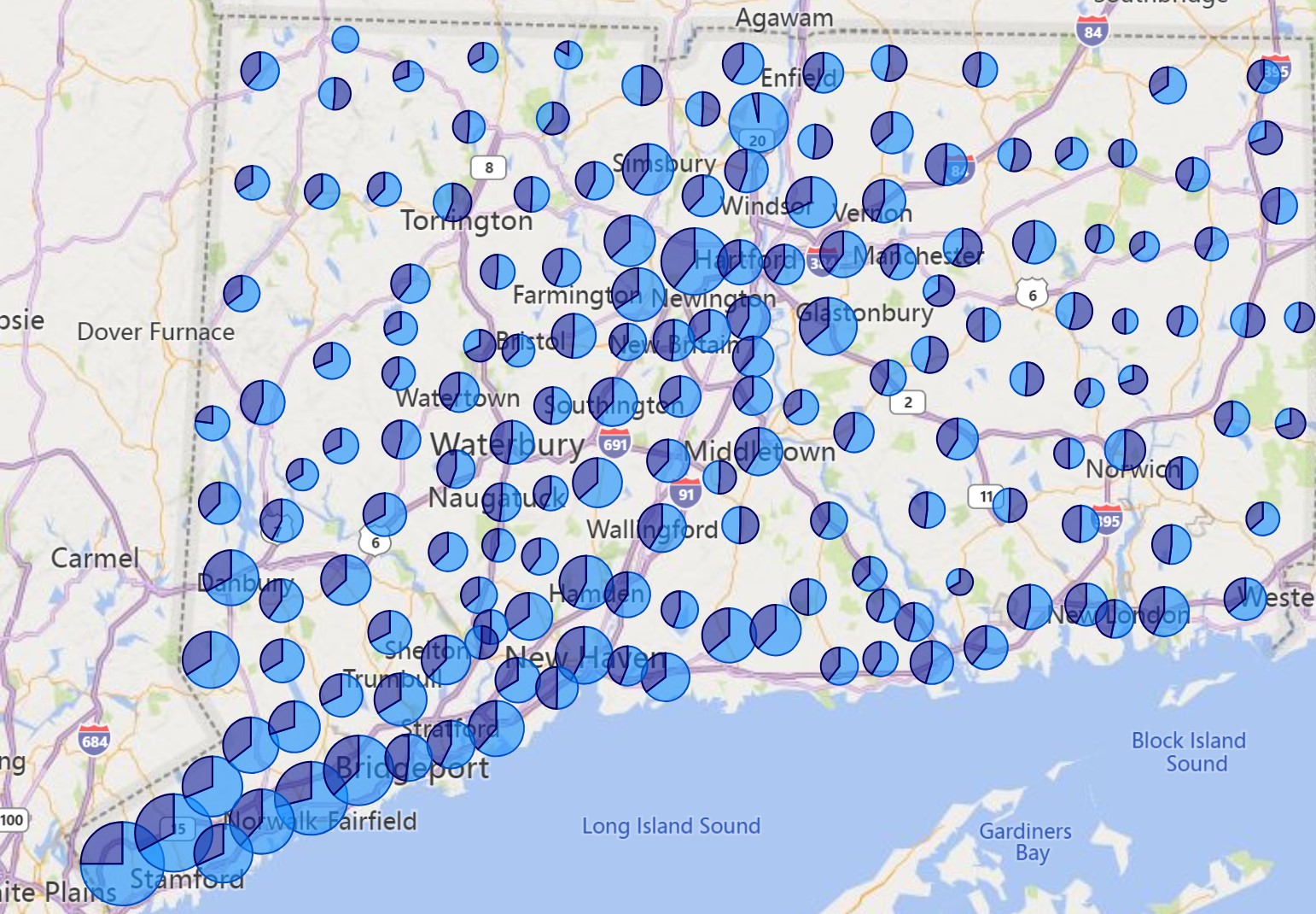 Map with EV Count and Drivetrain by City in CT July 2023