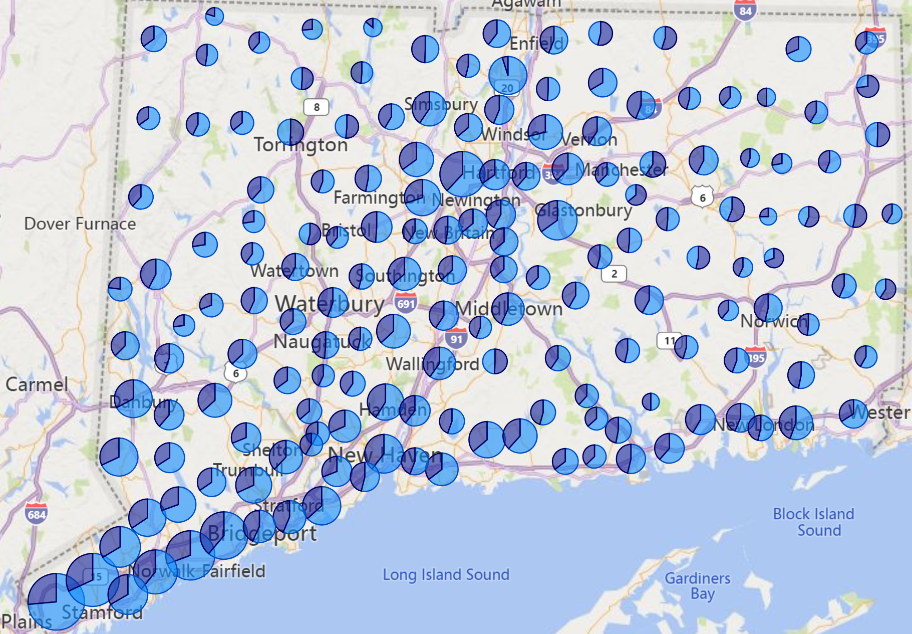 Jan 2024 EV map by city and drive train in CT