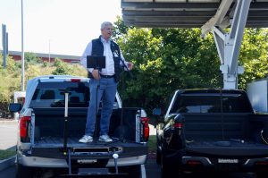 Bryce Jones of Pirelli Tires Presenting from a Ford F150 Lightning