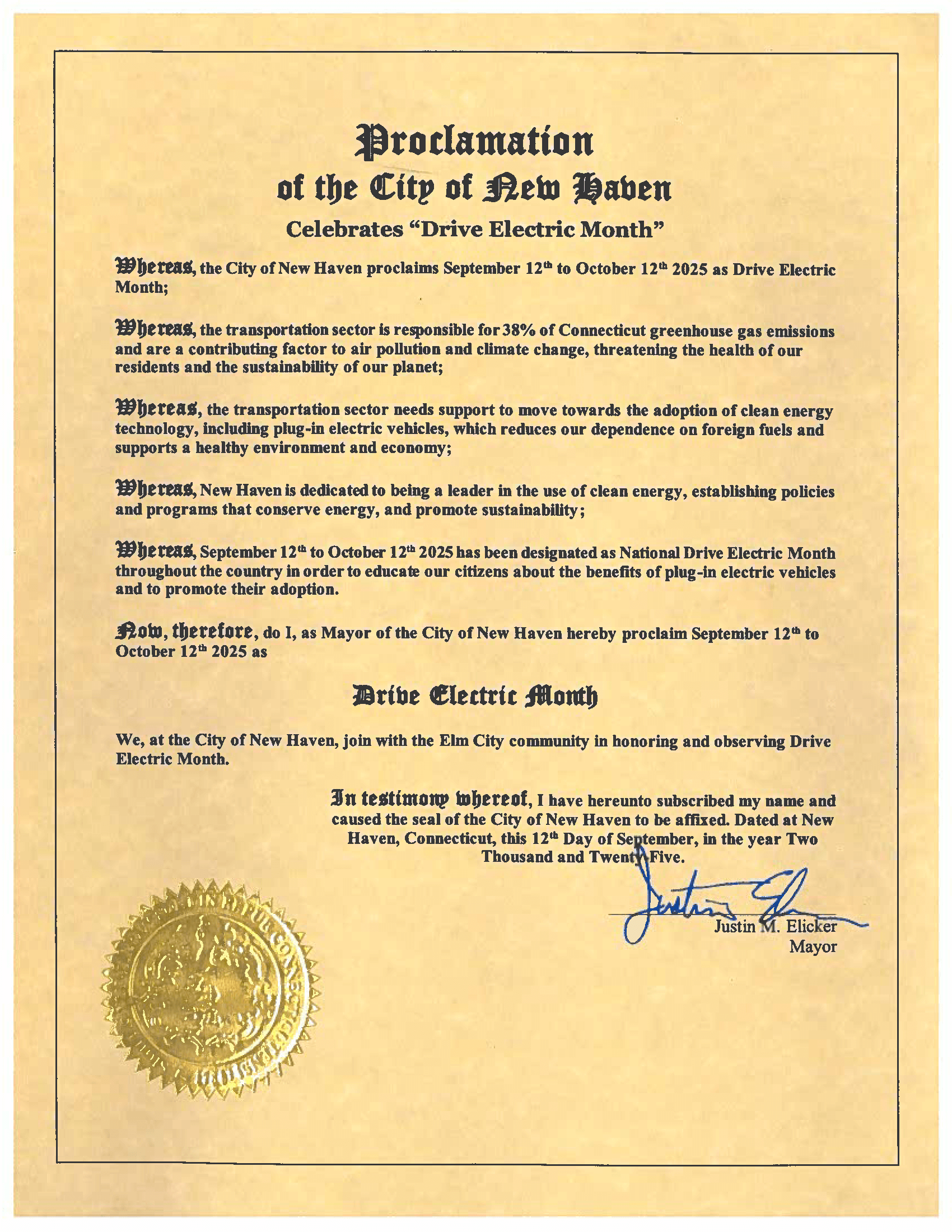 New Haven Mayor Justin Ellicker's Proclamation in Support of National Drive Electric Month