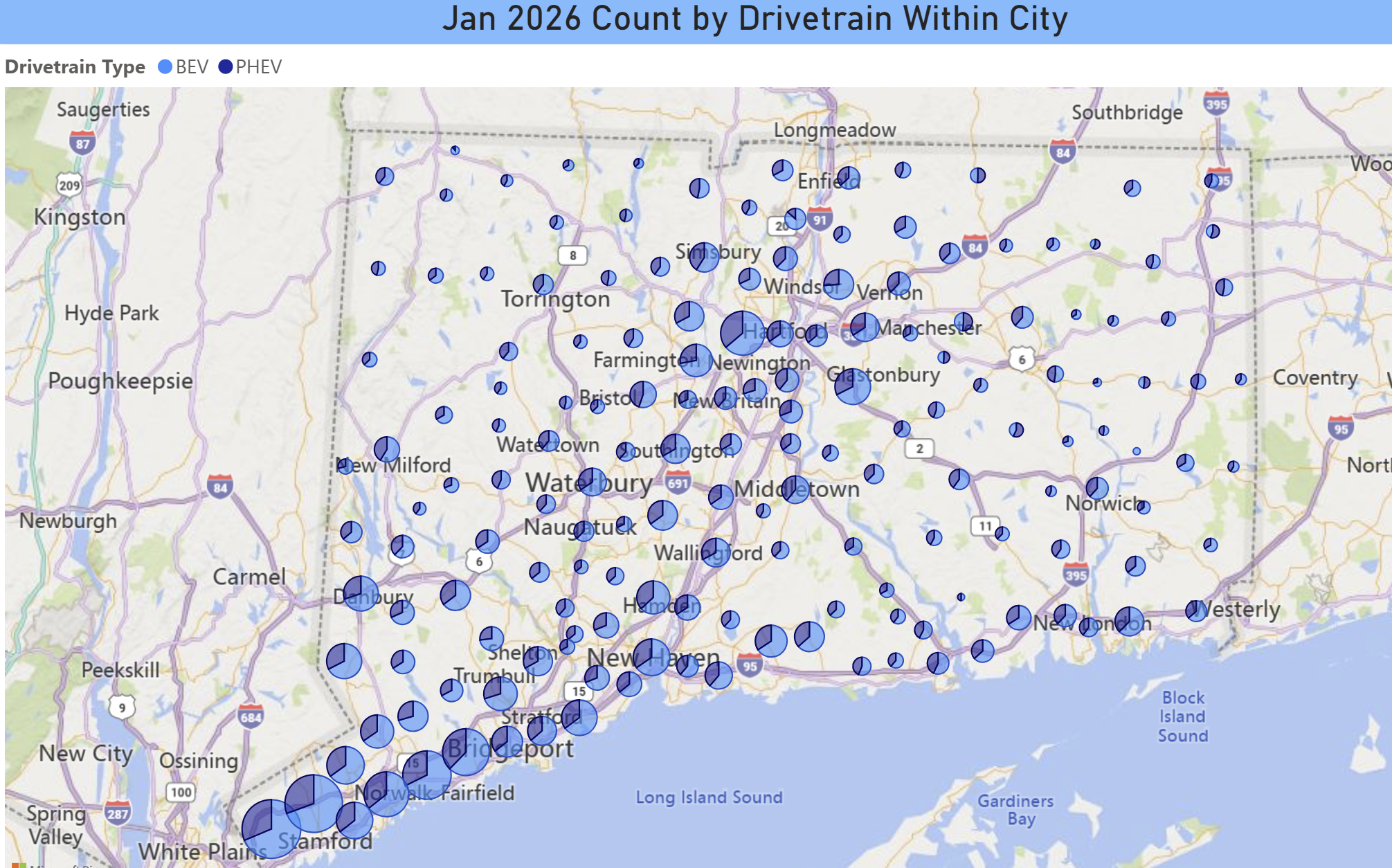 Map of registered BEVs and PHEVs by city