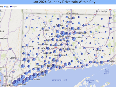 Map of registered BEVs and PHEVs by city